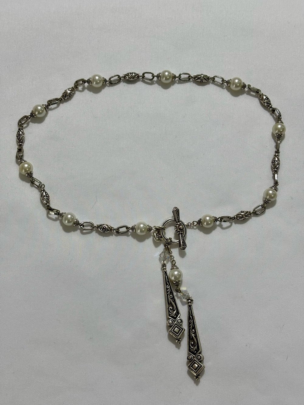 Brighton ZOE silver plate & faux pearl lariat toggle clasp necklace-fabulous-16”